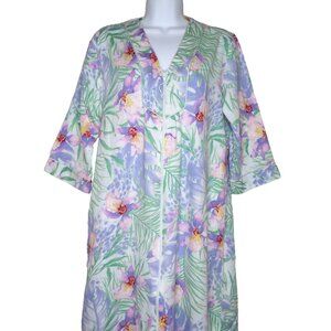 Miss Elaine Knee Length Robe Housedress M Floral Orchids Pockets Zip Cotton NEW